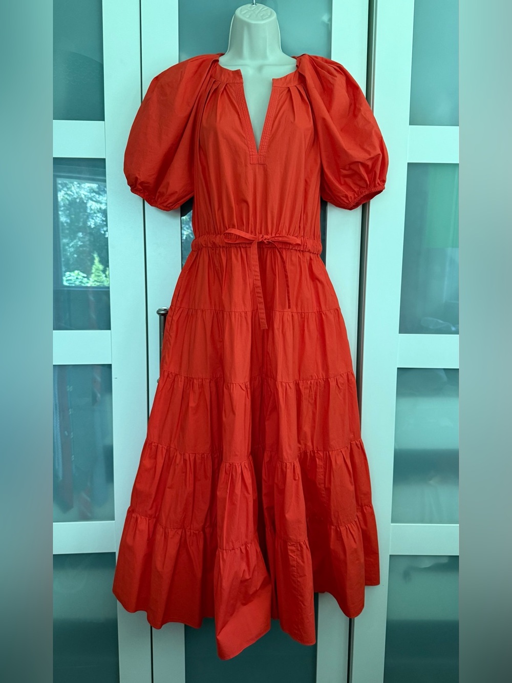 Ulla Johnson Olina Tiered Cotton Midi Dress in Coral / Orange - Size 6